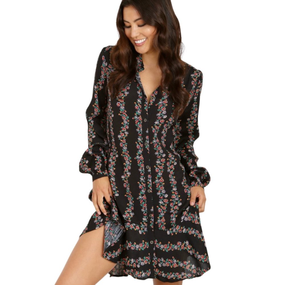 Free People Dark Floral Shirt Dress - Picture 1 of 7